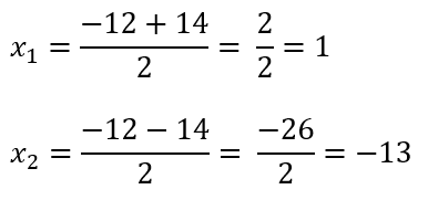 Solusi Akar-akar persamaan kuadrat x^2+12x-13 dengan Rumus ABC